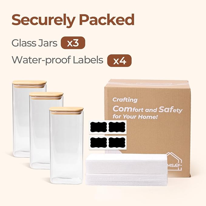 ComSaf Glass Storage Containers With Lids 2 Qt, Set of 3 Cereal Containers | Pantry Storage Container, Rectangle Jar, Glass Cereal Dispenser, Kitchen Canisters, Dry Food, Flour, Sugar, 64oz, BPA Free - Image 8