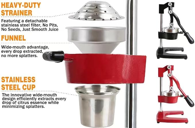 Kitchen Cast Iron Juicer - Easy-to-Clean Heavy-Duty Manual Juicer, Professional Citrus Juicer - Stainless Steel Lemon Squeezer - Manual Citrus Press & Orange Squeezer - Orange Juicer (Red) - Image 5
