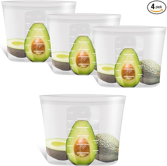 100% Platinum Silicone Reusable Food Storage Bags, 4 Pack, 51fl.oz/1500ml | Premium Silicone Reusable Storage Bag, Stand-Up Wide-Mouth Ziplock, Medium Size, Freezer Microwave Dishwasher Safe, Clear by Annaklin