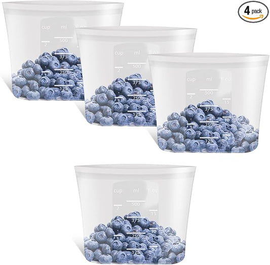 100% Platinum Silicone Reusable Food Storage Bags, 4 Pack, 17fl.oz/500ml | Premium Silicone Reusable Storage Bag, Stand-Up Wide-Mouth Ziplock, X-Small Size, Freezer Microwave Dishwasher Safe, Clear by Annaklin