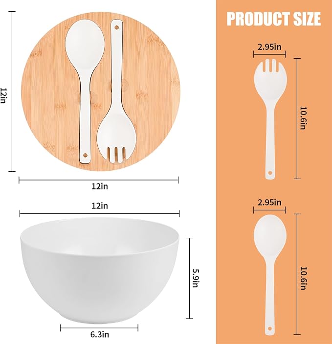 LOVYANXUE Salad Bowl with Lid, 12" Extra Large Bamboo Fiber Salad Bowl with Servers Set for Kitchen, Nature Bamboo Mixing and Serving Bowl with Lid, Spoon and Fork for Fruits,Salads and Vegetables - Image 2