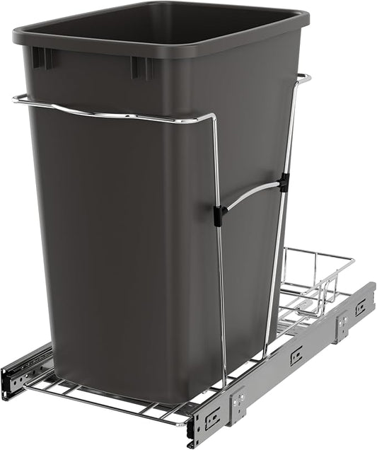 Rev-A-Shelf Single 35 Qt Pullout Trash Can for Base Kitchen Cabinets, Garbage Waste Bin System with Full Extension Slides, Min Opening Width of 11.5", Orion Gray, RV-12KD-13C-S by Rev-A-Shelf