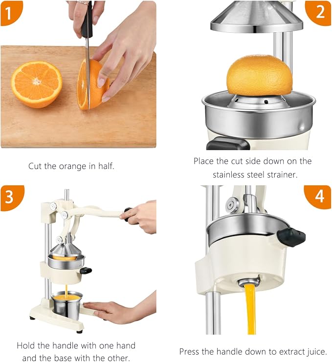 TONGCHANT Cast Iron Manual Juicer for Orange Lemon Lime Pomegranate &Citrus | Heavy Duty Orange Juicer Squeezer, Hand Press Juicer, Citrus Press, Stainless Steel Cup, Easy to Clean, White - Image 6