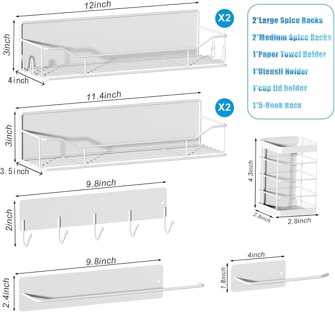 Magnetic Spice Rack for Refrigerator,8 Pack Magnetic Fridge Shelf, Moveable Spice Organizer with Hook Rack, Paper Towel Holder, Utensil Holder,cup lid holder, Super Magnetic Rack Set (White) - Image 2