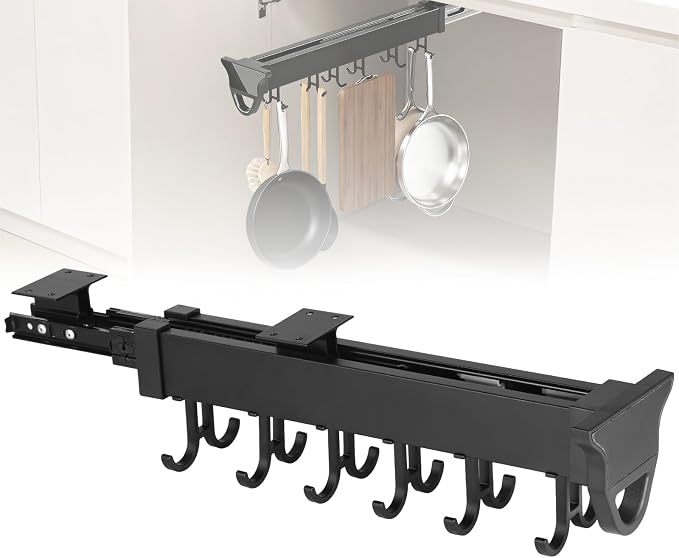 Homaisson Pull Out Hanging Pot Rack, 12-Hook Extendable Sliding Rail Organizer, Metal Pull Out Pan Rack for Under Cabinet, Adjustable Pot Pan Organizer, Multi-Use for Cupboard Closet by Homaisson
