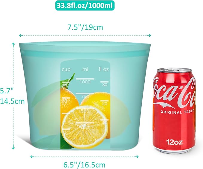 Reusable Freezer Bags Quart Size, 4 Pack, 100% Silicone Stand Up Ziplock Reusable Silicone Food Storage Bags Sandwich Bags Containers, Freezer Microwave Oven Dishwasher Safe, Aqua, 33.8fl.oz - Image 3
