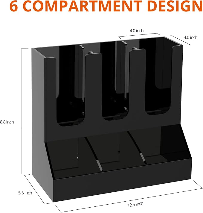 Richboom Cup and Lid Organizer, 6 Compartments with 2 Removable Dividers Coffee Station Countertop Cup Dispenser Condiment Organizer Accessories Caddy for Breakroom, Office, Home - Black - Image 2