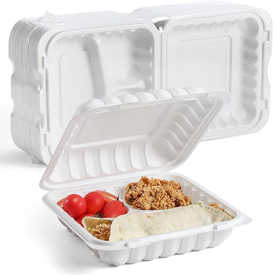 YANGRUI 55-Pack 34oz 8" White Meal Prep Boxes - Shrink Sealed No Pre-Wash | 3-Compartment | Factory Direct Heavy Duty Mineral PP, Microwave Safe | Portion Control for Nutrition & Weight Management by YANGRUI