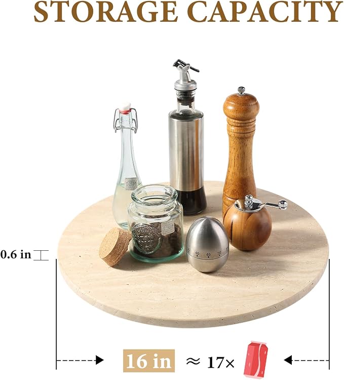 16'' Beige Marble Lazy Susan Travertine Turntable for Kitchen Dinning, Marble Lazy Susans Organizer for Cabinet, Serving Rotation Spinning Tabletop Organizer Swiveling, Spice Rack Storage - Image 3