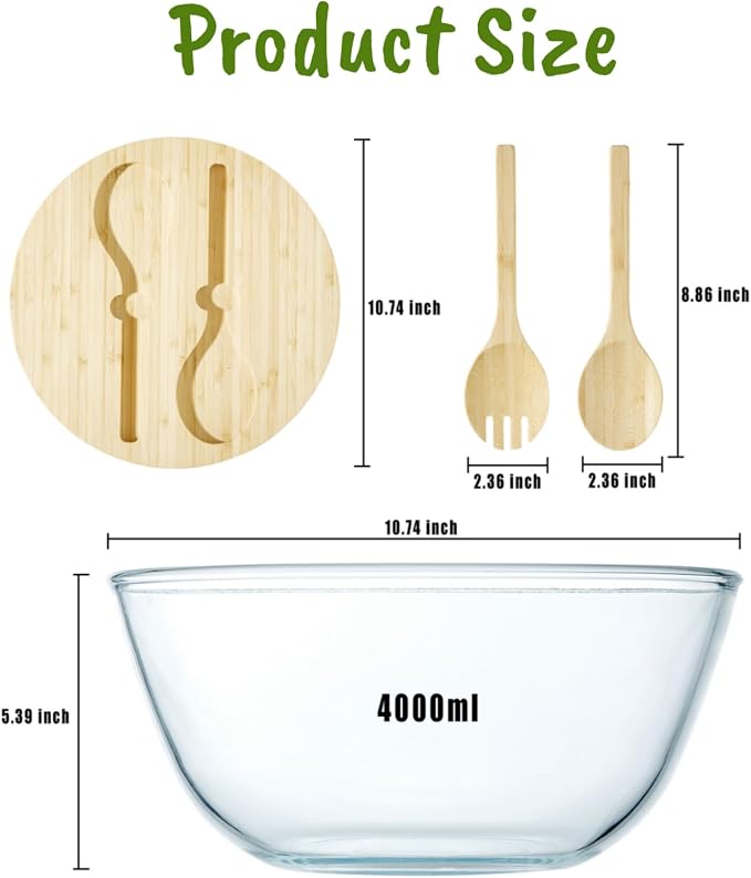 JOYMAY Glass Salad Bowl, 10.7inch Salad Bowl with Lid Thick Glass Mixing Bowls Serving Bowls, 4.7 Quart Large Salad Bowls with Bamboo Utensils, Trifle Bowl Fruit Bowl for Salad, Pasta, Microwave Safe - Image 5