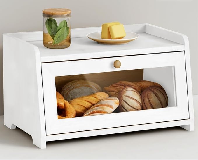 Goozii White Bread Box for Kitchen Countertop, Modern Counter Breadbox for Homemade Bread, Large Corner Bread Storage Container for Sourdough Loaf Organizers and Storage (White Bamboo Wood) by Goozii