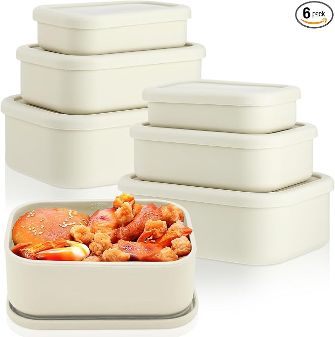 2 Sets of 6 Silicone Food Storage Containers, Reusable Lunch Bento Box with Lid, Hard Shell Storage Containers, Microwave Dishwasher Freezer Safe, 10 oz, 23.6 oz, 44 Ounce(Bone White) by Blushtier