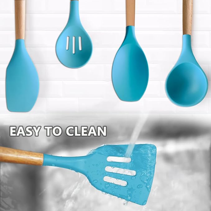 Silicone Kitchen Cooking Utensils Set, 5-Piece Non-Stick Silicone Kitchen Utensils Spatula Serving Spoons Turner Ladle Set w Wooden Handle Heat Resistant Cooking Gadgets for Nonstick Cookware - Image 6