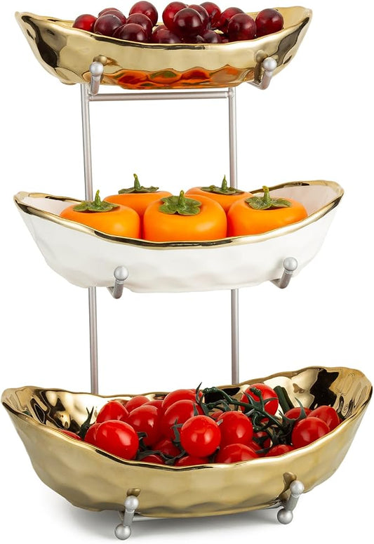 Ceramic Fruit Bowl for Kitchen Counter, 3 Tier Ceramic Serving Bowls with Metal Stand, Fruit Basket Stand Fruit Serving Tray Set for Vegetable Storage, Candy Snack Dessert Cake (Gold) by Home