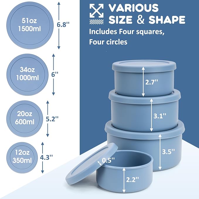 8PCS Silicone Food Storage Containers with Lids,10oz to 51oz,Reusable Leakproof Nesting & Stackable Bento Lunch Box,Microwave Freezer Dishwasher Oven Safe Meal Prep Containers,BPA Free, Slate Blue - Image 7