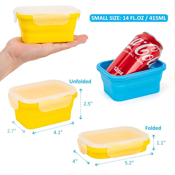Reusable Silicone Snack Sontainers with Lids, 14oz, Small Collapsible Food Storage Containers for Meal Lunch Small Portion, Stackable, Space Saver for RV, Travel, Microwave Dishwasher Safe, 6 Pack - Image 2
