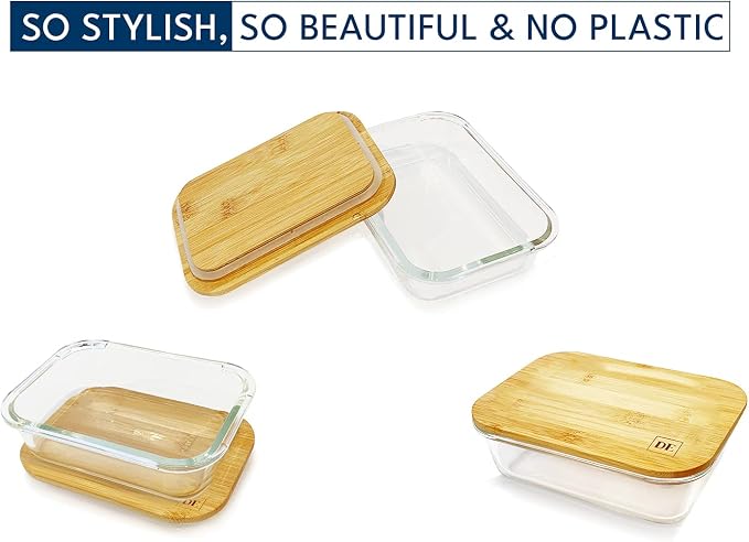 DE Glass Food Storage Containers with Bamboo Lids – 4 Pack (12oz/21oz/35oz/51oz) – BPA-Free Borosilicate Glass Meal Prep Boxes – Oven, Microwave, Freezer Safe – Stackable & Airtight - Image 2