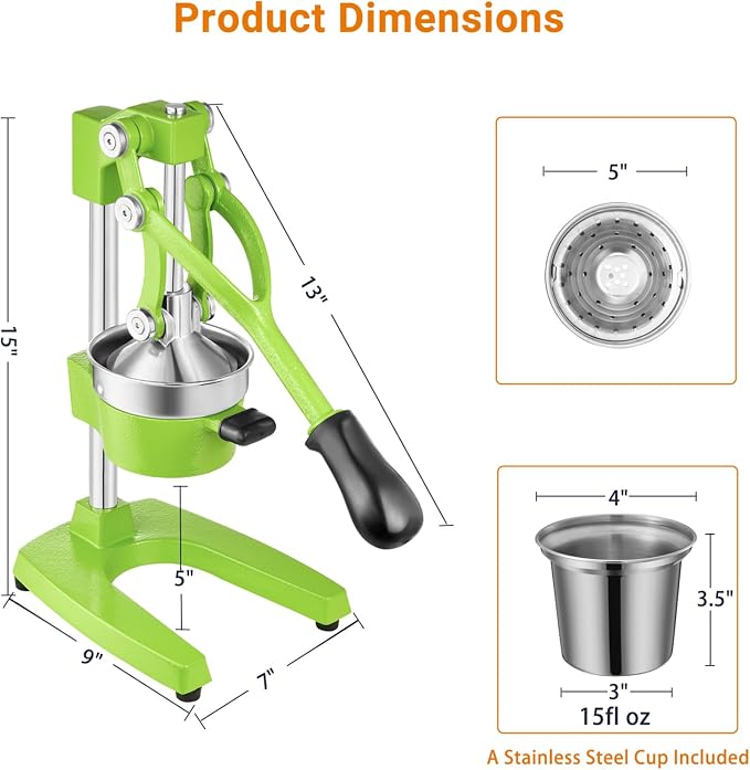 TONGCHANT Cast Iron Manual Juicer for Orange Lemon Lime Pomegranate &Citrus | Heavy Duty Orange Juicer Squeezer, Hand Press Juicer, Citrus Press, Stainless Steel Cup, Easy to Clean, Green - Image 4