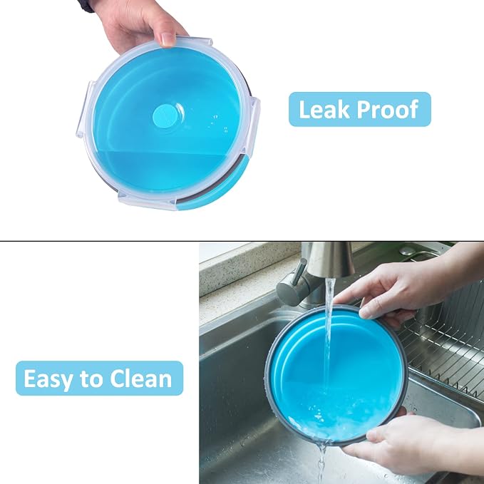 Collapsible Food Storage Containers with Airtight Lid & Vent, 40.5 oz, Kitchen Stacking Silicone Collapsible Meal Container Set for Leftover, Microwave Freezer Dishwasher Safe, Blue Round, Set of 4 - Image 7