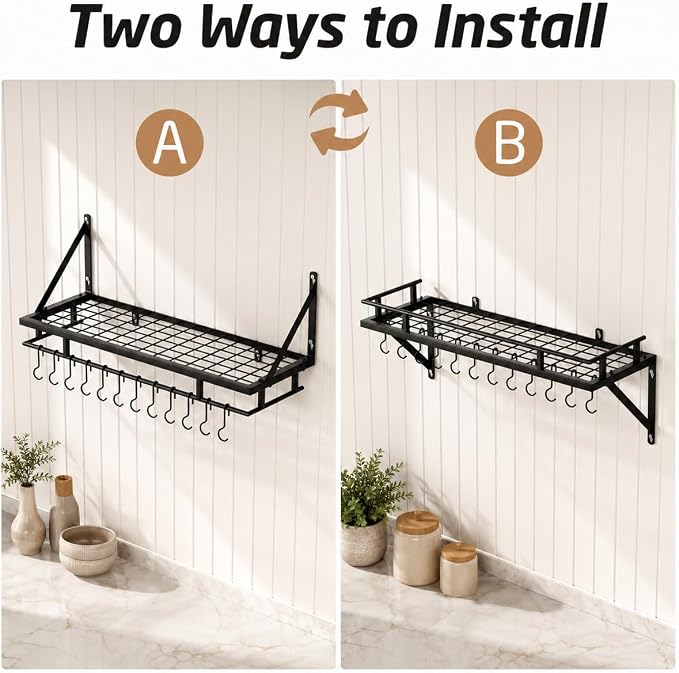 KES 30-Inch Kitchen Pan Pot Rack Wall Mounted, Hanging Storage Organizer | 88 Lbs Capacity, Wall Shelf with 12 Sturdy Hooks, 16-Inch Stud Mount, Matte Black, KUR215S75A-BK - Image 7