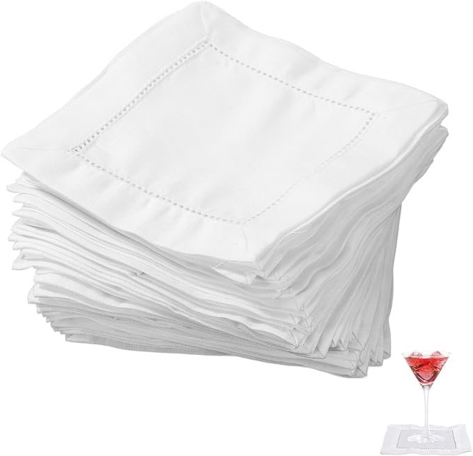 50pcs Linen Hemstitch Cocktail Napkins, 15x15cm/6x6in Reusable Square Cotton Fabric Cloth Beverage Napkins Suitable for Wedding Birthday Baby Shower Party Home Bar Supplies (White) by Unknown