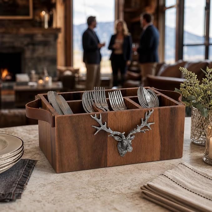 Elk Head Handles Wood Flatware Caddy with Pewter Accents - Rustic Utensil Organizer for Home Decor - 13" Long - Image 7