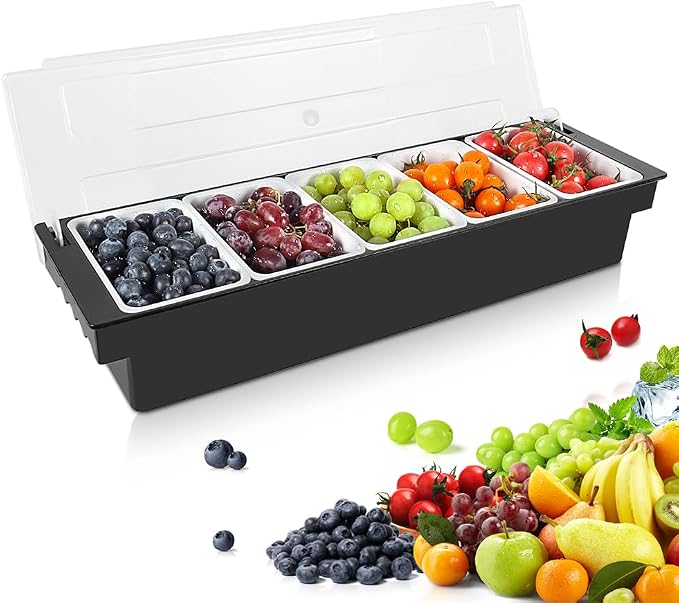 Chilled Condiment Caddy Server With Lid 5 Compartment Garnish Tray | Plastic Condiment Container Garnish Tray For Bartenders,Bar Condiment Fruit Caddy With Lid And Removable Trays by ZXXSFM