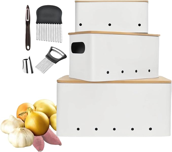Modern kitchen storage container, stacked metal storage box, 3-piece set with wooden lid design, onion, garlic, potato metal cans, breathable storage box (White) by AUKLETBLIEF
