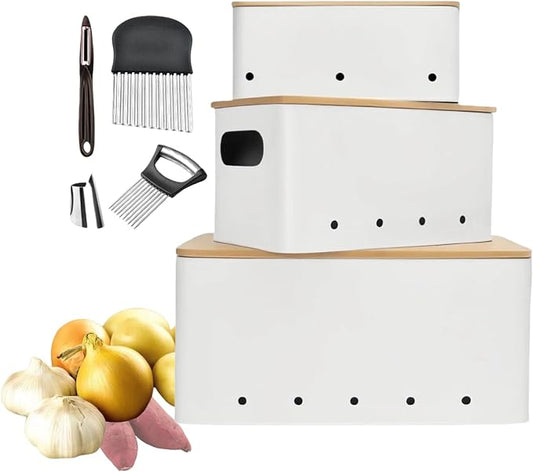 Modern kitchen storage container, stacked metal storage box, 3-piece set with wooden lid design, onion, garlic, potato metal cans, breathable storage box (White) by AUKLETBLIEF