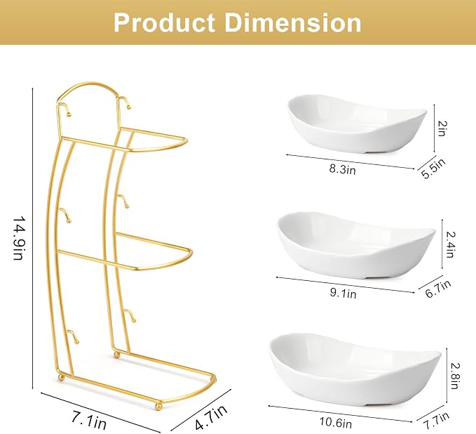 Ceramic Fruit Bowl for Kitchen Counter, Fruit Basket with Metal Stand, Tiered Fruit Rack for Countertop, Modern Serving Bowl for Party Dessert, Vegetable, Snack (White) - Image 2