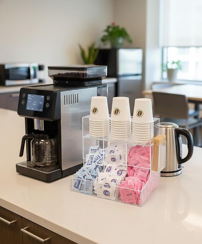 Acrylic Coffee Station & Condiment Organizer – Modular Detachable Top Tier – 6 Compartments for Sugar Packets, Creamers, Syrups, Hot Cups, Tea & Stirrers – Breakroom Caddy (Transparent) - Image 5