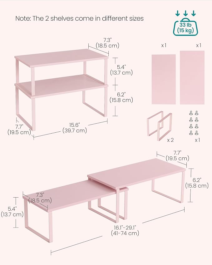 SONGMICS Cabinet Organizer Shelf, Set of 2 Kitchen Counter Shelves, Kitchen Storage, Spice Rack, Stackable, Expandable, Metal and Engineered Wood, 15.6 Inches, Jelly Pink UKCS025S01 - Image 6