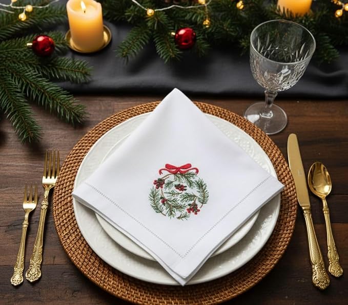 Embroidered Cloth Napkin Pine Ornament Christmas Cotton Napkins Set of 6, 20x20 Hemstitch Table Napkins Machine Washable, Daily & Christmas, Great Present Ideas - Image 3