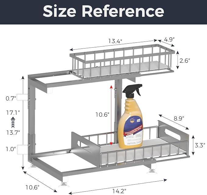 2-Pack L-Shaped Under Sink Organizer, 2-Tier Pull-out Cabinet Rack | Grey Height-Adjustable Metal Rack, Sliding Grid Drawers with Safety Stopper, Holds 100 Lbs, Ideal Kitchen Cabinet Storage - Image 6