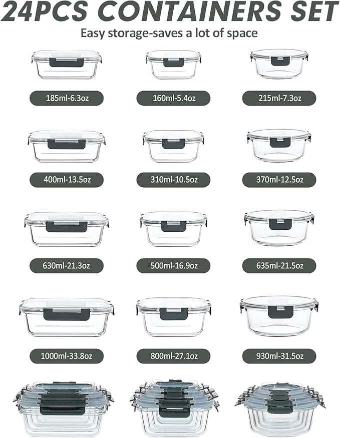 VERONES 12 Packs Glass Food Storage Containers Set with Lids, Grey | Airtight Glass Lunch Containers, Glass Meal Prep Containers with Lids, for Microwave, Oven, Freezer & Dishwasher Friendly - Image 2