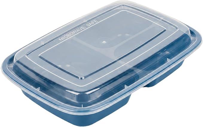 Asporto 26 Ounce Compartment Take Out Boxes, 100 Microwavable Meal Prep Containers - 3 Compartments, With Clear Plastic Lids, Midnight Blue Plastic Food Containers, Do Not Contain BPA - Restaurantware - Image 2