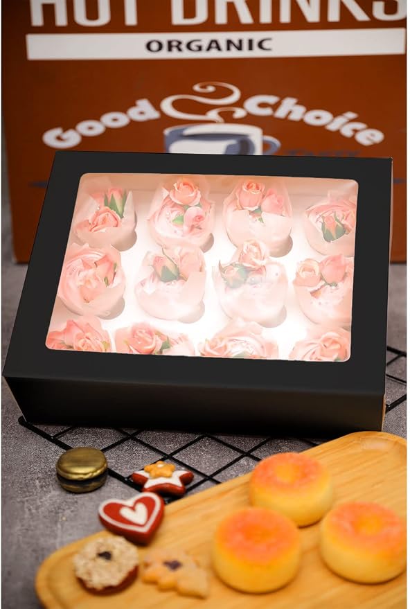 qiqee Auto-pop Up Cupcake Boxes with Window Black 40PCS 12 Count Cupcake Box 13"x10"x3.5" Cupcakes Carrier, 12 Cupcake Containers with 2 rolls of pink ribbons - Image 8