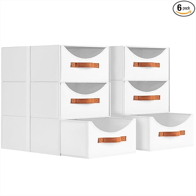 Stackable Storage Drawers - Large Collapsible Storage Bins with Drawers, 6 Pack Closet Shelf Organizer Basket, Fabric Pull Out Organizer for Bedroom, Living Room, Dorm, White by Homsorout