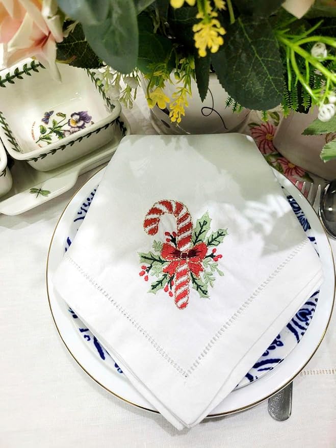 Embroidered Cloth Napkin Red Candy Cane and Holly Christmas Cotton Napkins Set of 6, 20x20 Hemstitch Table Napkins Machine Washable, Daily & Christmas, Great Present Ideas - Image 6