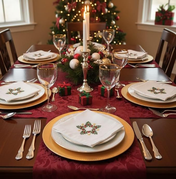 Embroidered Cloth Napkin Holly Star Christmas Cotton Napkins Set of 6, 20 x 20 Hemstitch Table Napkins, Machine Washable, Daily & Holidays, Great Gift Ideas - Image 3