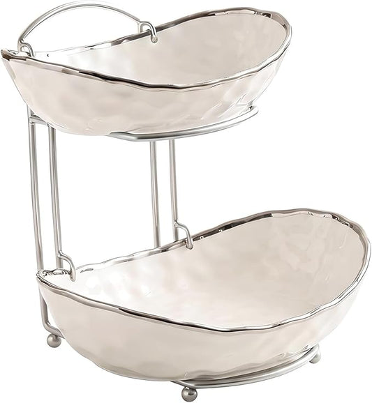 XUDREZ 2 Tier/ 3 Tier Fruit Bowl with Metal Stand for Kitchen Counter, Ceramic Gold Silver White, Portable Tiered Fruit Basket Fruit Rack for Nuts, Snacks, Bread, Candy Storage (White B, 2 Tier) by XUDREZ