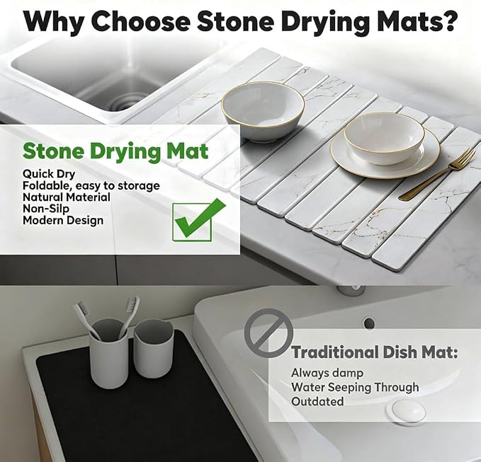 Stone Drying Mat for Kitchen Counter, Quick Diatomaceous Earth Mats for Dishes, 24"L x 16" W Super Absorbent Fast-Drying Collapsible Countertop Stone Mat (Marble Gold White, 24" x 16") - Image 3