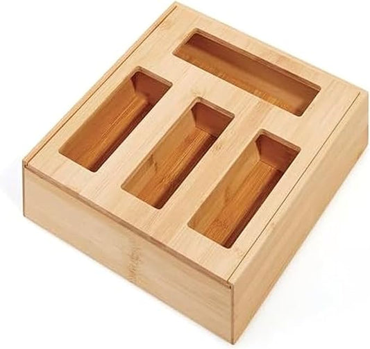 Copco Bamboo Storage Bag Organizer with Labels - 4-Compartment Kitchen Drawer or Wall Mount Holder for Gallon, Quart, Sandwich and Snack Bags, 13 x 12 x 3 Inches by Copco