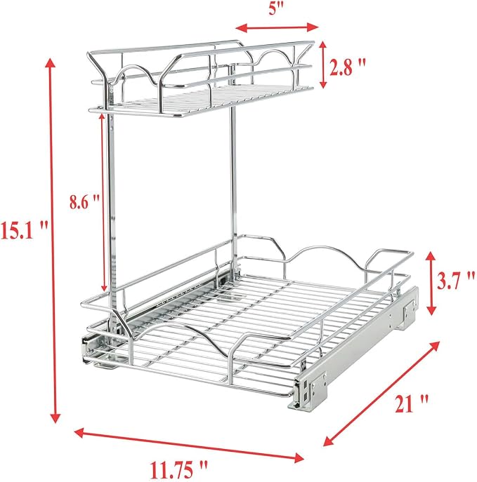 OCG Under Sink Cabinet Organizer Two Tier Pull Out Shelf (11.75W x21D), Under Sink Sliding Shelf for Kitchen Bathroom Cabinet 2 Tier Chrome - Image 2