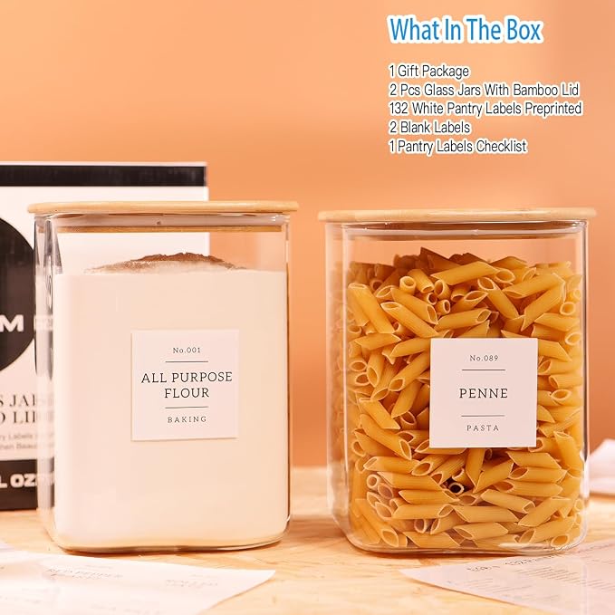 2 Pack Square Glass Flour and Sugar Containers with 132 Kitchen Pantry Labels - Thicken 120 FL OZ Large Glass Storage Jars with Airtight Bamboo Lid - Big Food Canisters for Cookies, Rice, Coffee - Image 2