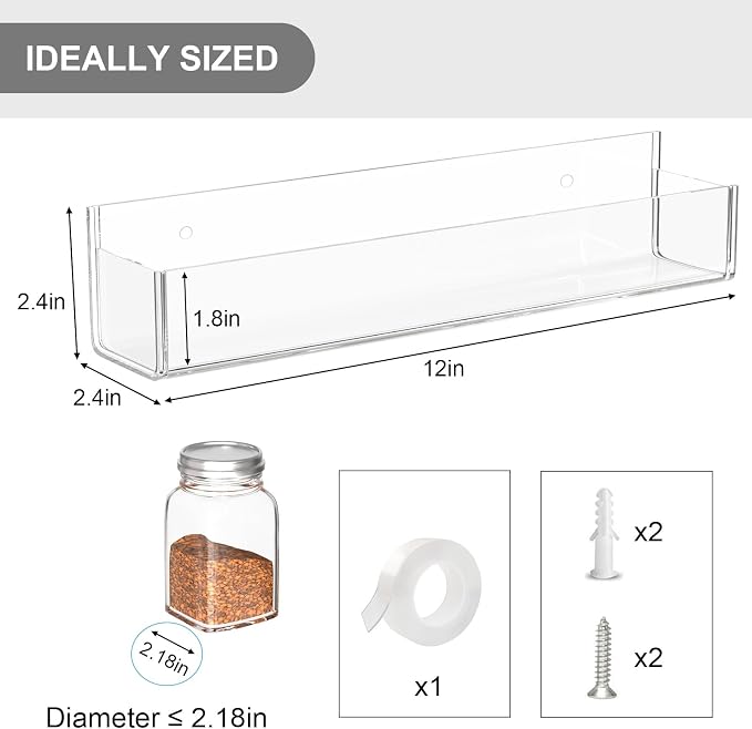 PMMASTO Adhesive Acrylic Spice Rack Organizer for Wall with 2 Nano Double Sided Tape, Spice Shelf Organization for Kitchen Cabinet Door/Pantry Door, Wall Mount Seasoning Rack (Clear-4 Pack) - Image 3