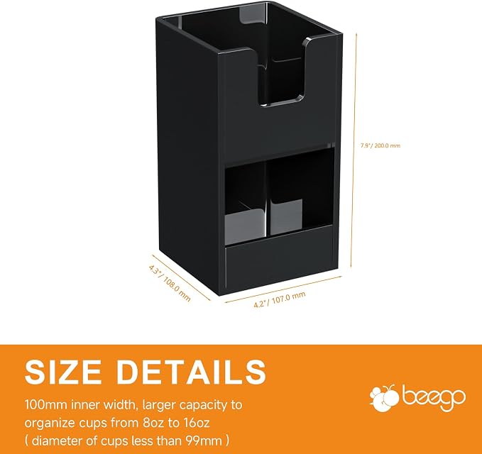 Beego 2-Compartment Cup Holder for Countertop - 2-Tier Black Acrylic Cup Dispenser Coffee Station Paper Cup and Lid Organizer Condiment Storage for Restaurant Breakroom Kitchen Bar Accessories - Image 9