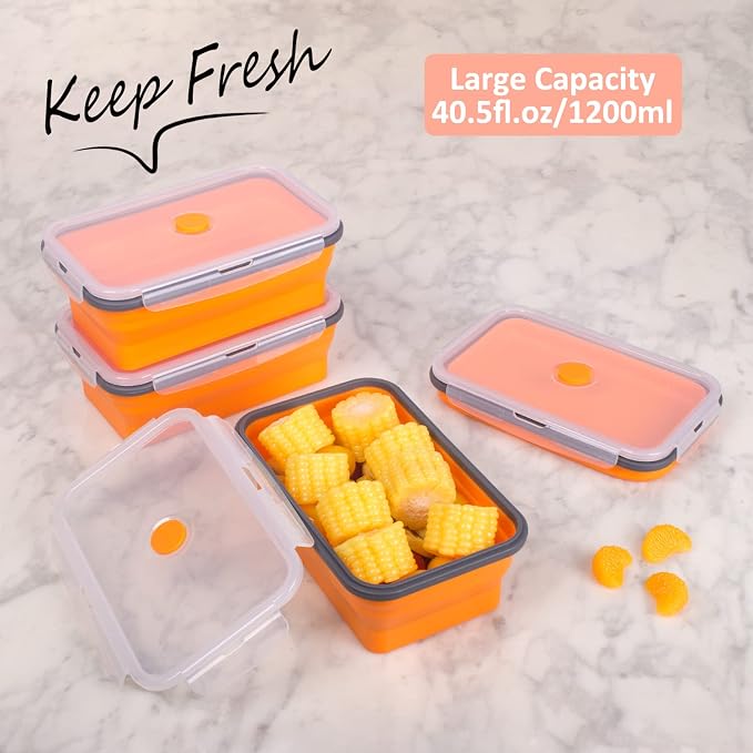 Collapsible Food Storage Containers with Airtight Lid & Vent, 40.5 oz, Kitchen Stacking Silicone Collapsible Meal Prep Container Set for Leftover, Microwave Freezer Dishwasher Safe, Orange, Set of 4 - Image 2