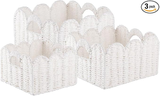 OIAHOMY Scalloped Wicker Baskets, Hand-woven Storage Baskets with Built-in Handles, Paper Rope Shelf Baskets for Organizing and Decoration, Set of 3-White by MasterofSpaceOptimization