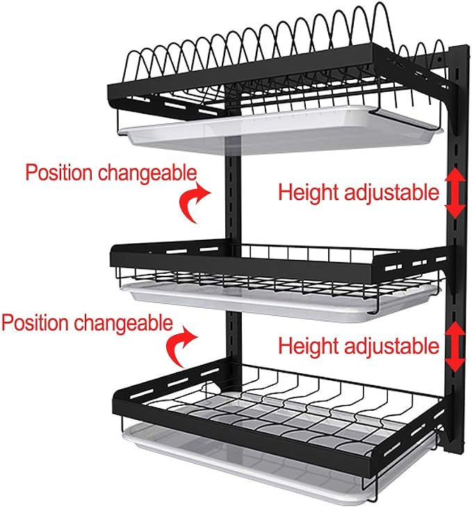 junyuan Hanging Dish Drying Rack Wall Mount,Dish Racks Drainer,3 Tier Kitchen Plate Organizer Storage Shelf with Drain Tray with 3 Hooks,Stainless Steel Black Large Ajustable Height - Image 3